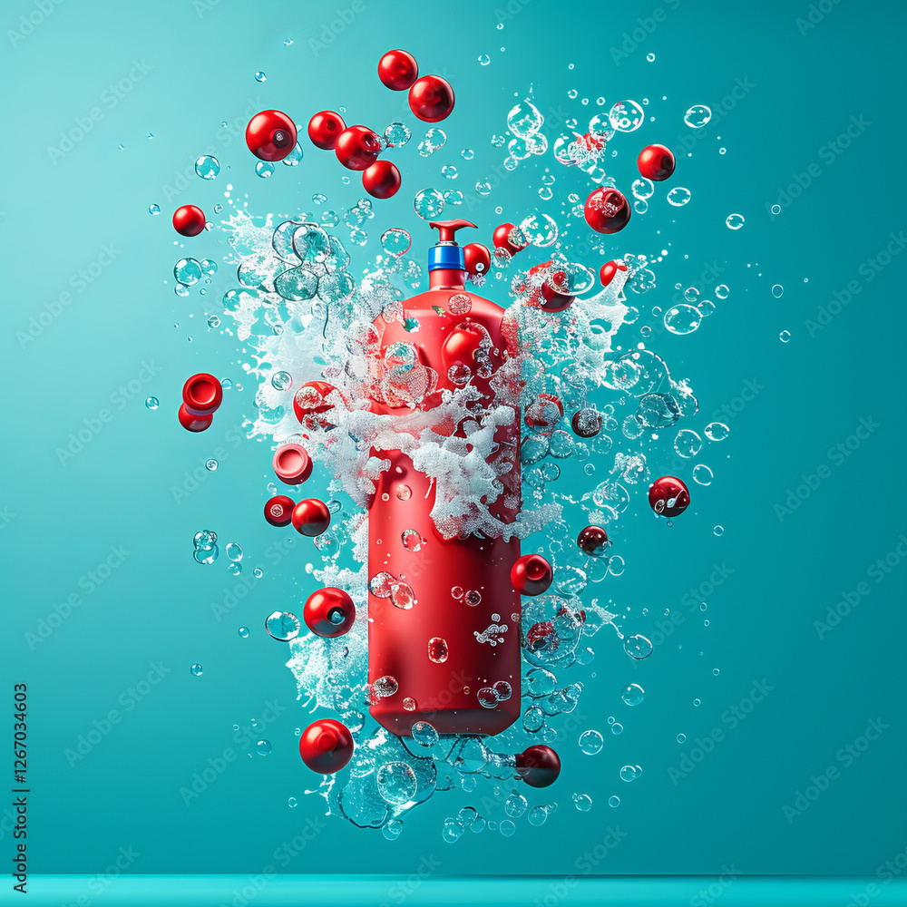 Poster red bottle splash: a vibrant red bottle explodes into a turquoise liquid, creating a dynamic splash 