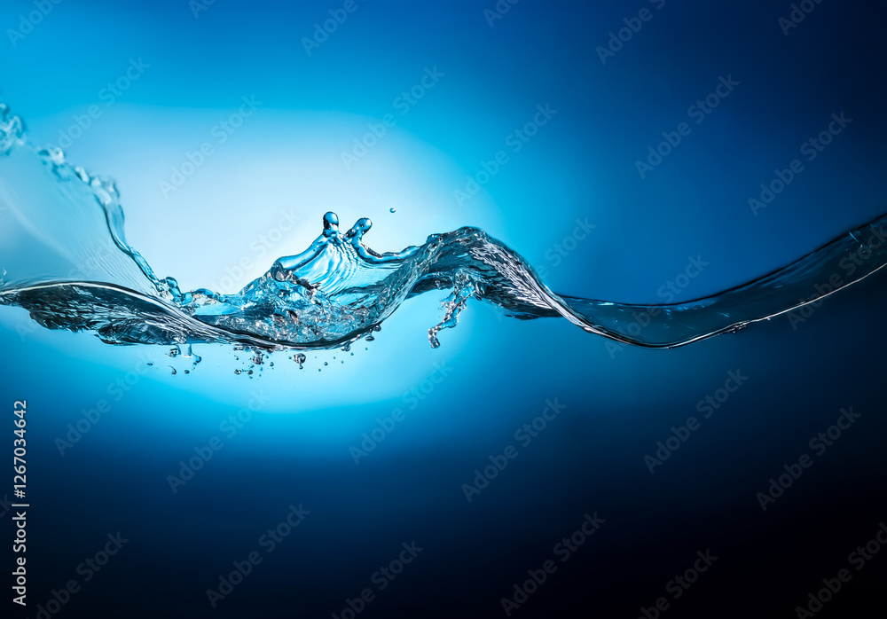 Fototapete Water wave splashes dynamically, creating ripples and droplets against a gradient blue background, transitioning from light to dark shades.