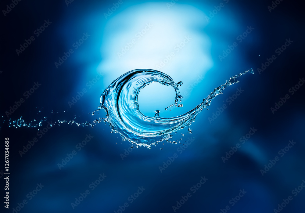 Poster A dynamic water splash curls and twists in a fluid spiral against a deep blue background, creating a sense of motion and refreshing coolness.