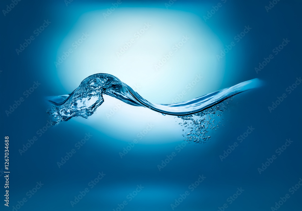 Poster a clear water wave crests in a vibrant blue gradient background, showcasing fluid motion and purity.