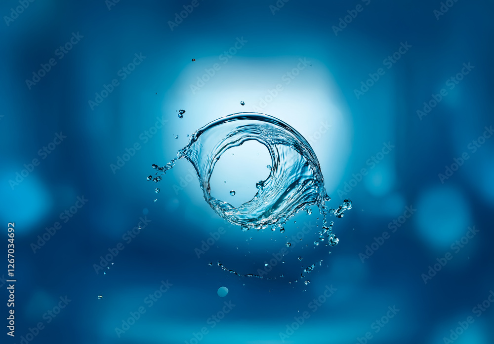 Aufkleber a dynamic splash of clear water is captured mid-air against a soft, blurry blue background, creating