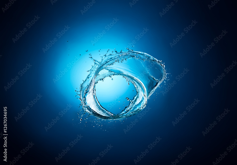 Fototapete Water splash forms a circular shape against a vibrant blue gradient backdrop.  The clear liquid creates a dynamic ring with scattered droplets, showcasing fluid motion.