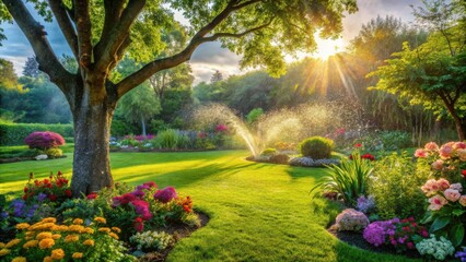 Serene Garden Landscape with Sprinkler System at Sunrise