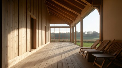 Wooden porch, sunrise view, rural landscape, relaxation