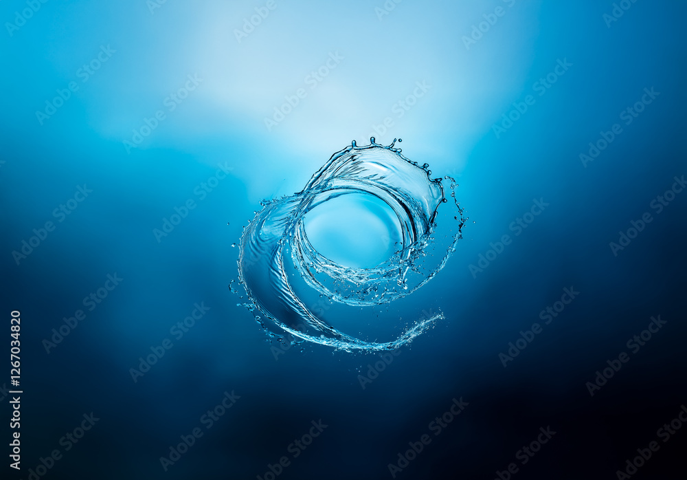 Aufkleber a swirling splash of water forms a dynamic spiral shape against a gradient blue backdrop. liquid mot