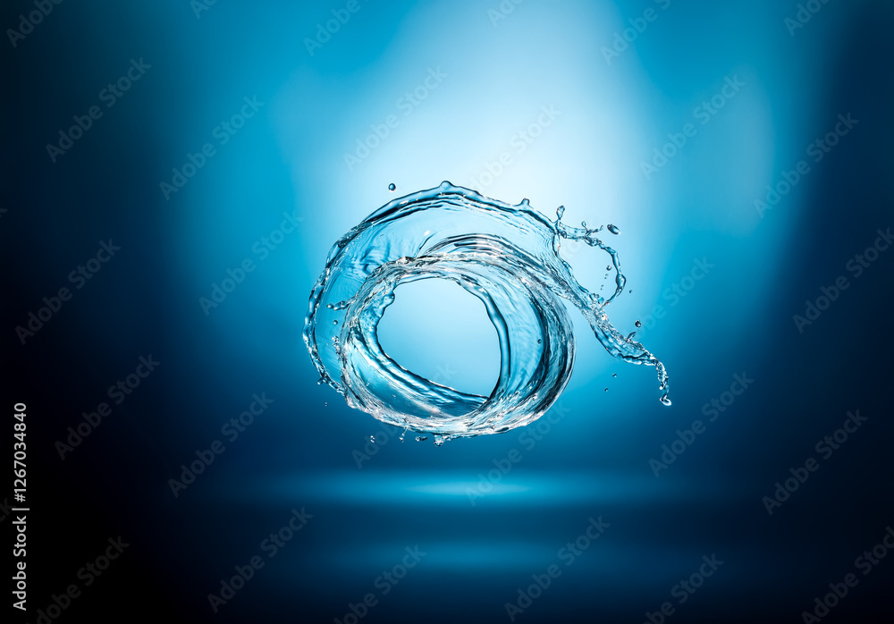 Poster Water spirals dynamically against a gradient blue backdrop, creating a fluid, swirling motion. Liquid curves and splashes in a circular form, evoking freshness and movement.