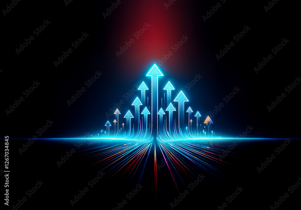 Aufkleber A group of glowing blue arrows pointing upwards against a black backdrop. A streak of red light appears above the arrows, creating a sense of direction and forward motion.
