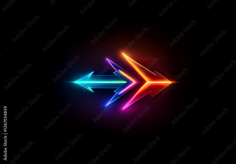 Poster a glowing neon arrow points both left and right. the arrow is designed with sharp, angular shapes an
