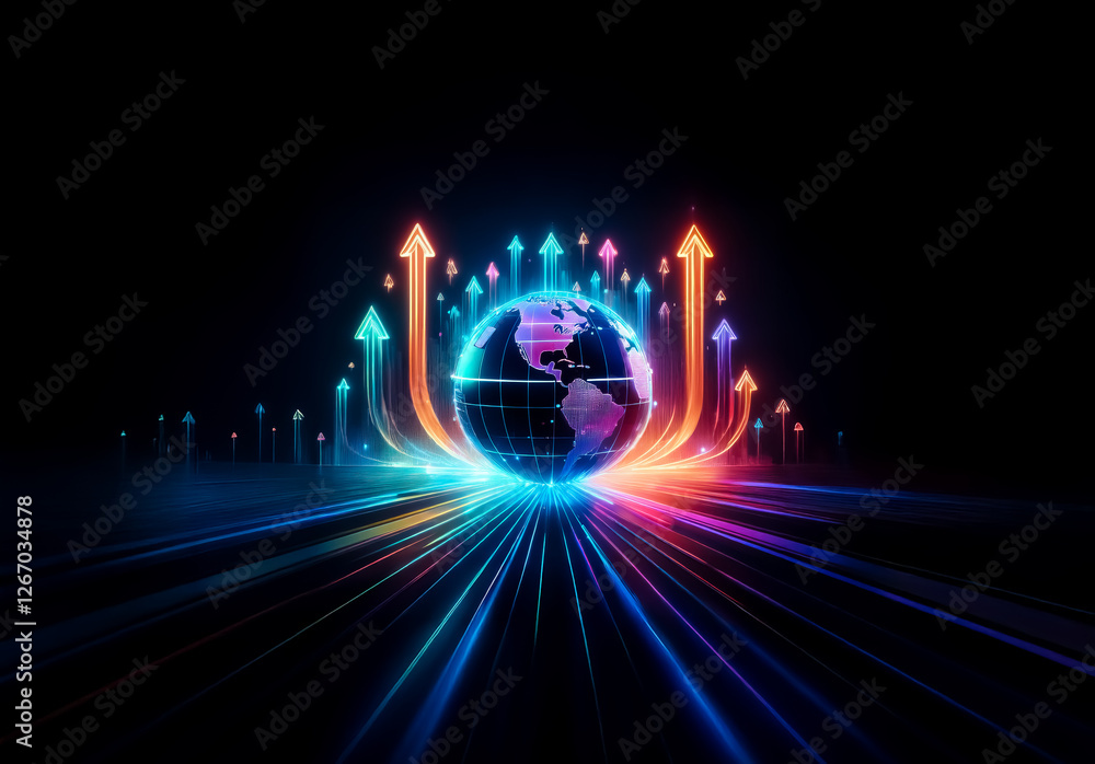Fototapete vibrant globe with ascending arrows and light trails against a dark backdrop. illuminated paths conv