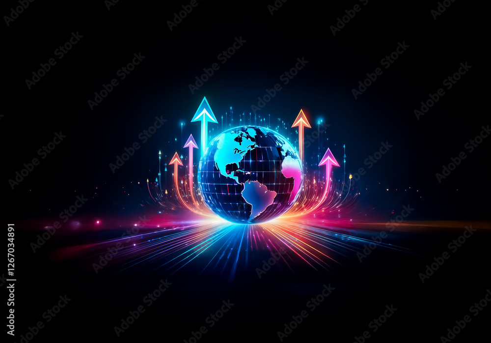 Poster vibrant neon globe with arrows pointing upwards on a dark backdrop. symbolizes digital growth and te