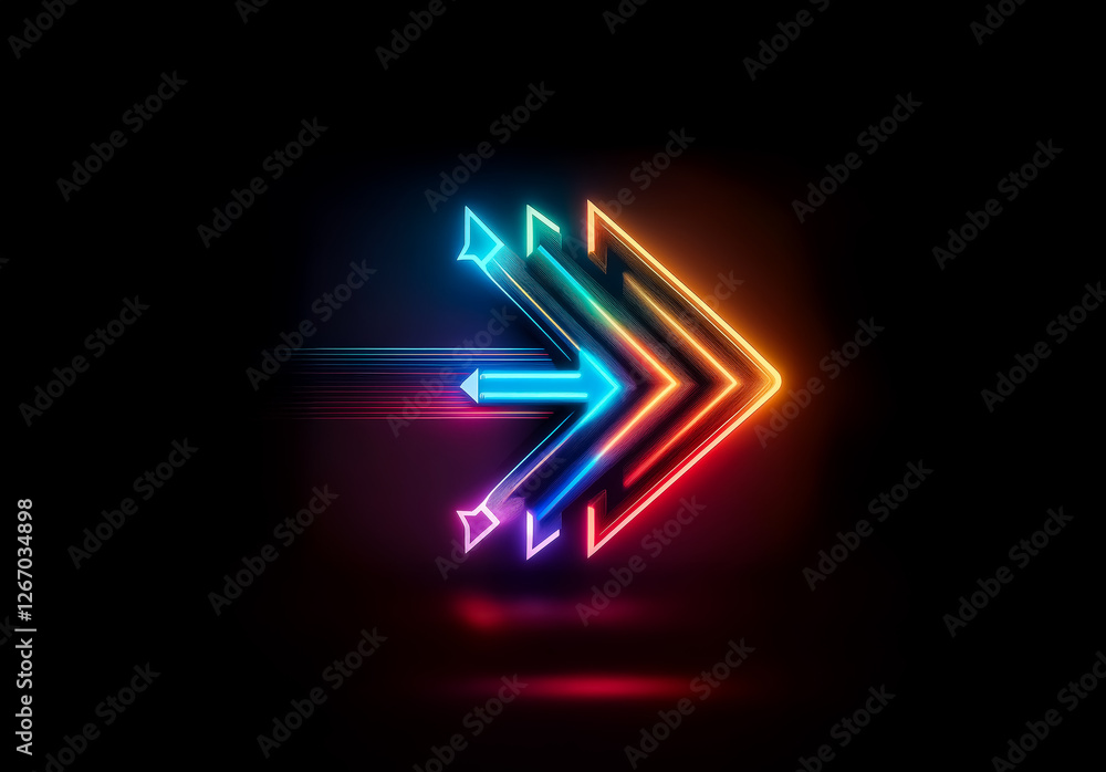 Poster vibrant neon arrow in rainbow colors points right on a dark background. the glowing symbol suggests 