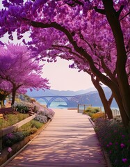 Cherry Blossom Pathway by a Tranquil Lake

