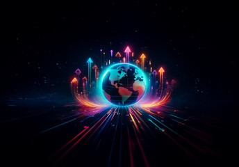 Obraz premium A radiant globe is encircled by vibrant neon arrows shooting upwards and outwards, set against a stark black backdrop, symbolizing expansion and worldwide connection.