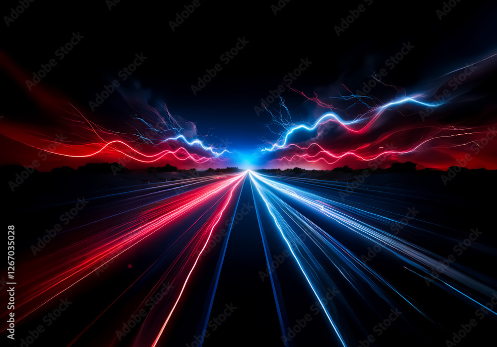 Aufkleber energetic streaks of red and blue light illuminate a dark road leading to a bright horizon, creating