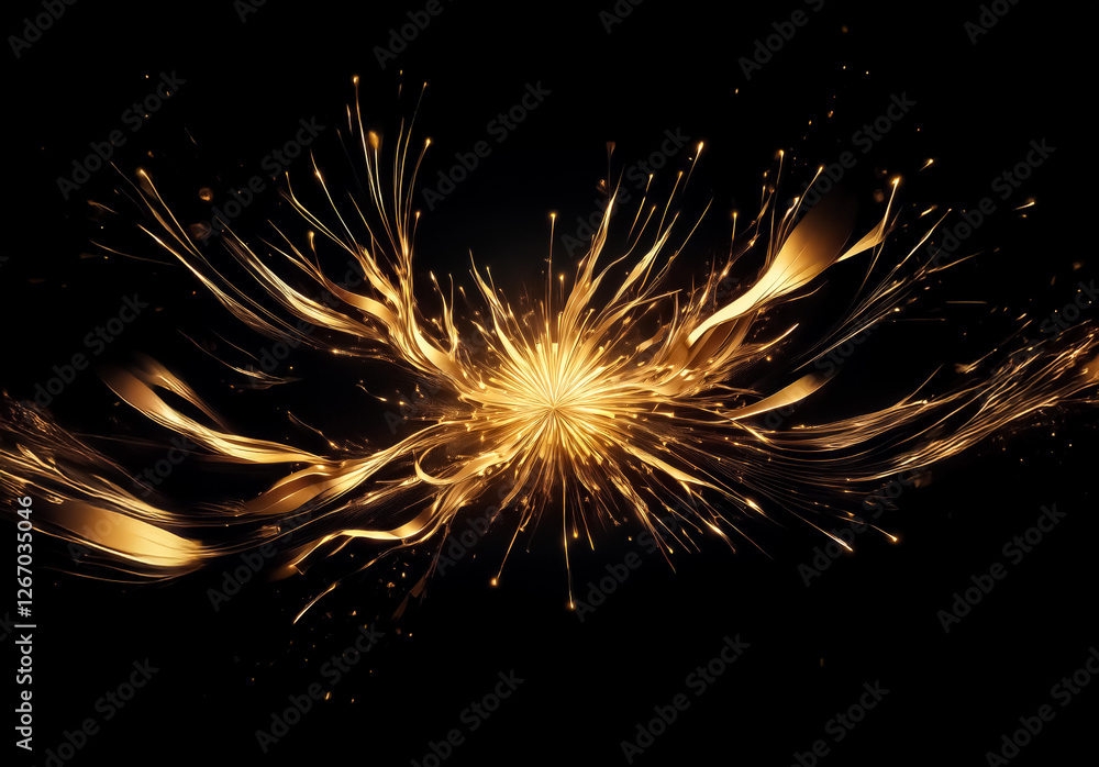 Poster Golden abstract burst on black. Shiny, flowing lines radiate outwards like an explosion of light, creating a dynamic and elegant design.