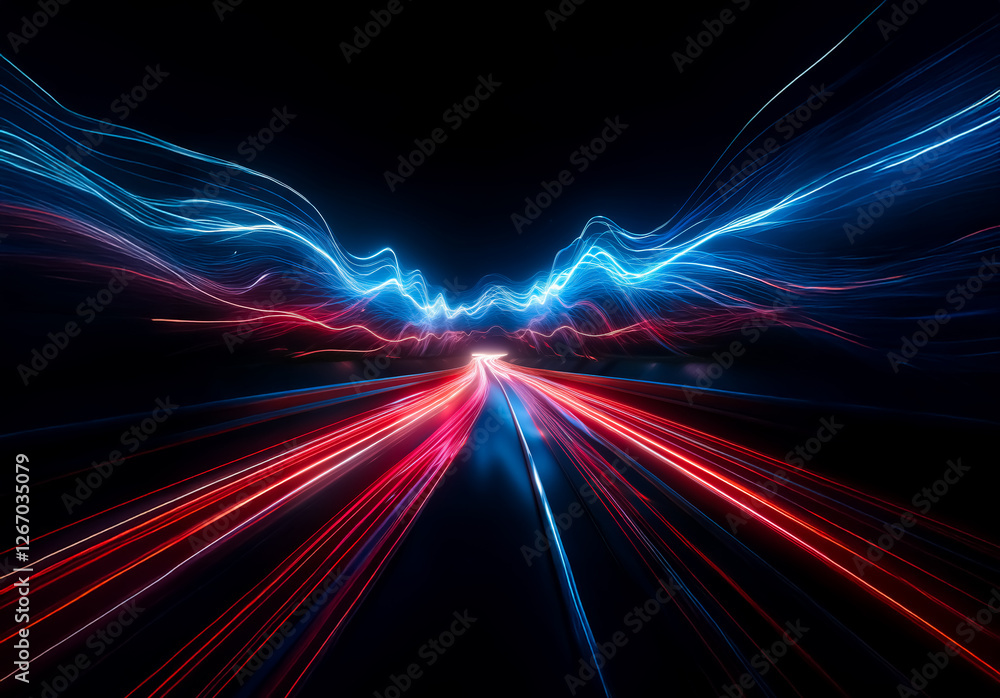 Aufkleber Abstract image featuring energetic streams of red and blue light against a stark black backdrop, creating a sense of dynamic motion and futuristic energy.