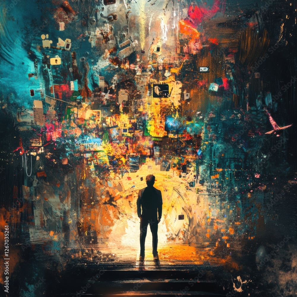 Poster exploring the intersection of human creativity and technology in a vibrant digital landscape at twil