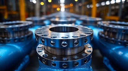 Close-up of shiny metal industrial parts in a factory.
