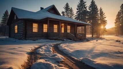 A cozy log cabin surrounded by snow and trees during sunrise.