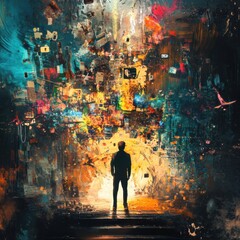 Fototapeta premium Exploring the intersection of human creativity and technology in a vibrant digital landscape at twilight. Generative AI