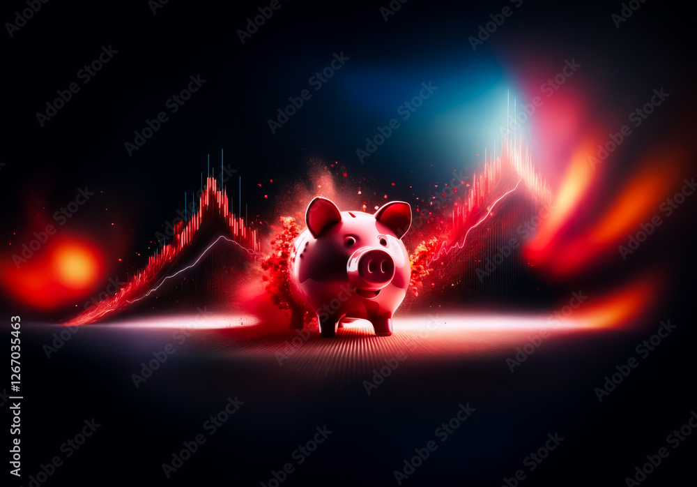 Poster piggy bank highlighted against a dark backdrop with a vibrant red financial graph showcasing market 