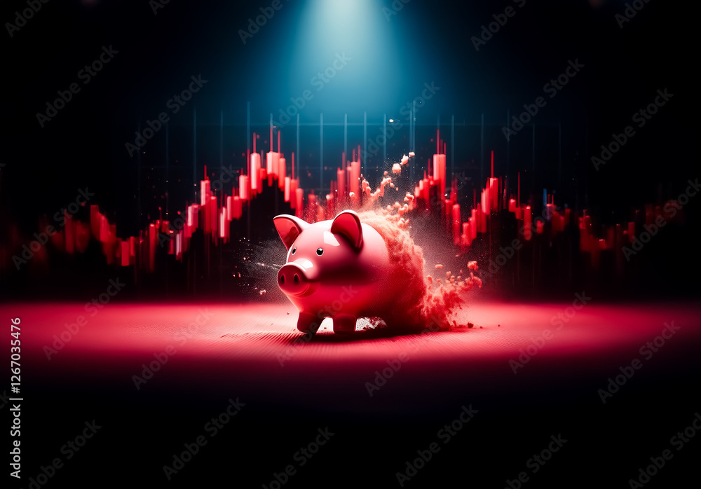 Leinwandbilder a pink piggy bank stands prominently against a backdrop of a red graph under a bright spotlight, cre