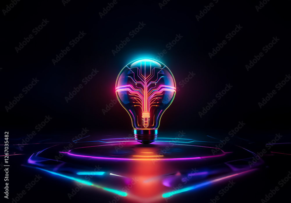 Leinwandbilder neon lightbulb with circuit board design stands on a glowing platform. vibrant colors illuminate a f