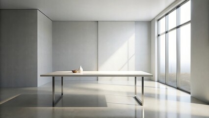 Fototapeta premium Modern Minimalist Room Interior Design with a Sleek Table and Sunlight Streaming Through Large Windows