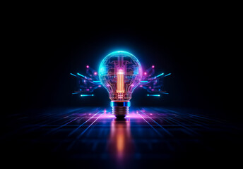 Neon lightbulb emitting vibrant pink and blue glows, stands on a reflective grid surface against a dark backdrop, embodying bright ideas and digital innovation.