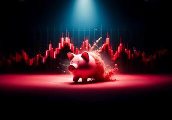 A pink piggy bank stands prominently against a backdrop of a red graph under a bright spotlight, creating a dramatic and contrasting scene. The image evokes themes of finance and economic trends in a 