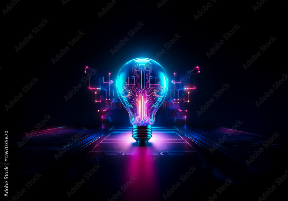Leinwandbilder luminous light bulb with intricate circuit patterns, brightly illuminated with neon blue and pink hu