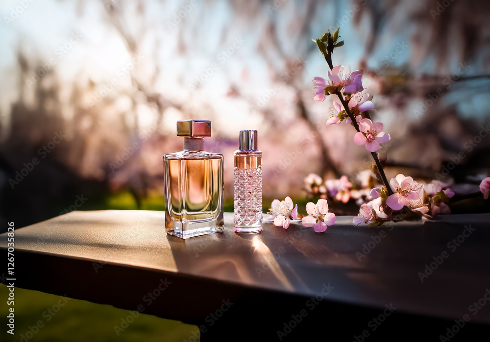 Poster elegant perfume bottles are showcased with blooming cherry blossom branches in soft, warm lighting, 
