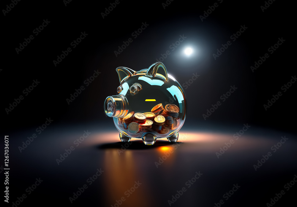 Poster a clear piggy bank, illuminated by a spotlight, is partially filled with gold coins against a dark b