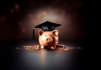 A piggy bank wearing a graduation cap sits among scattered gold coins, symbolizing saving for education and future financial goals.