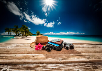 Tropical beach vacation. Wooden surface, travel items: hat, wallet, camera, sunglasses, flower. Blue sea, sky, sun, palm trees.