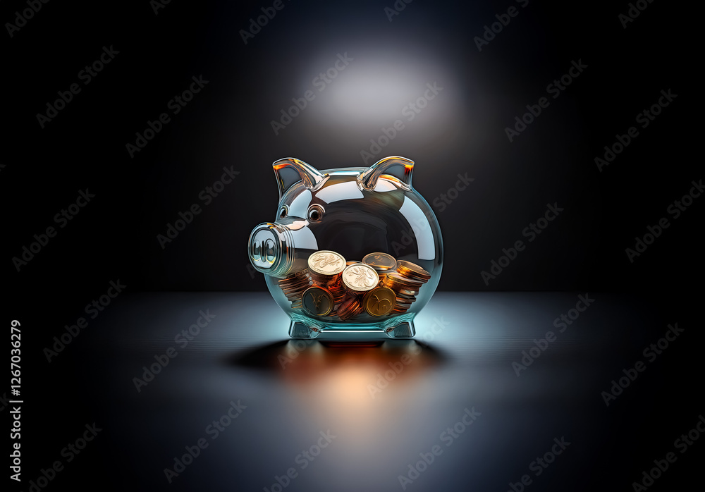 Poster a transparent piggy bank, partly filled with shiny coins, is illuminated by a spotlight on a dark re