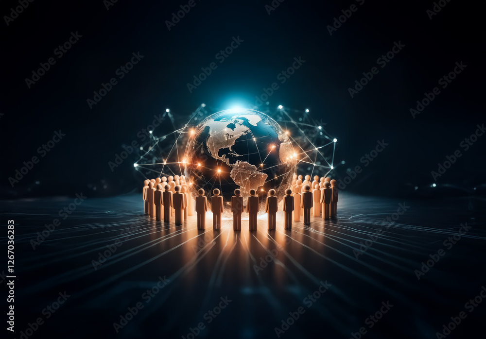 Leinwandbilder A group of people encircles a glowing globe with network connections. Illuminated figures stand united, representing global collaboration and interconnectedness.