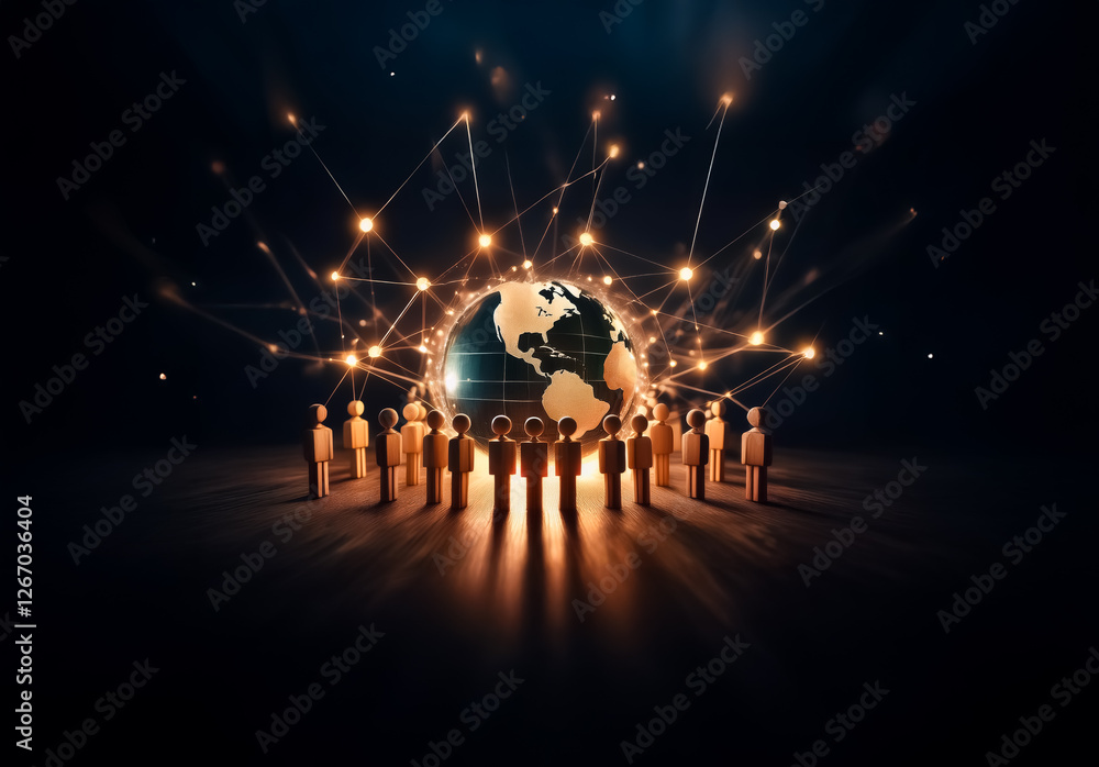 Poster A global network visualized with people figures encircling a glowing Earth, connected by light beams in a dark space, symbolizing global connections and community.