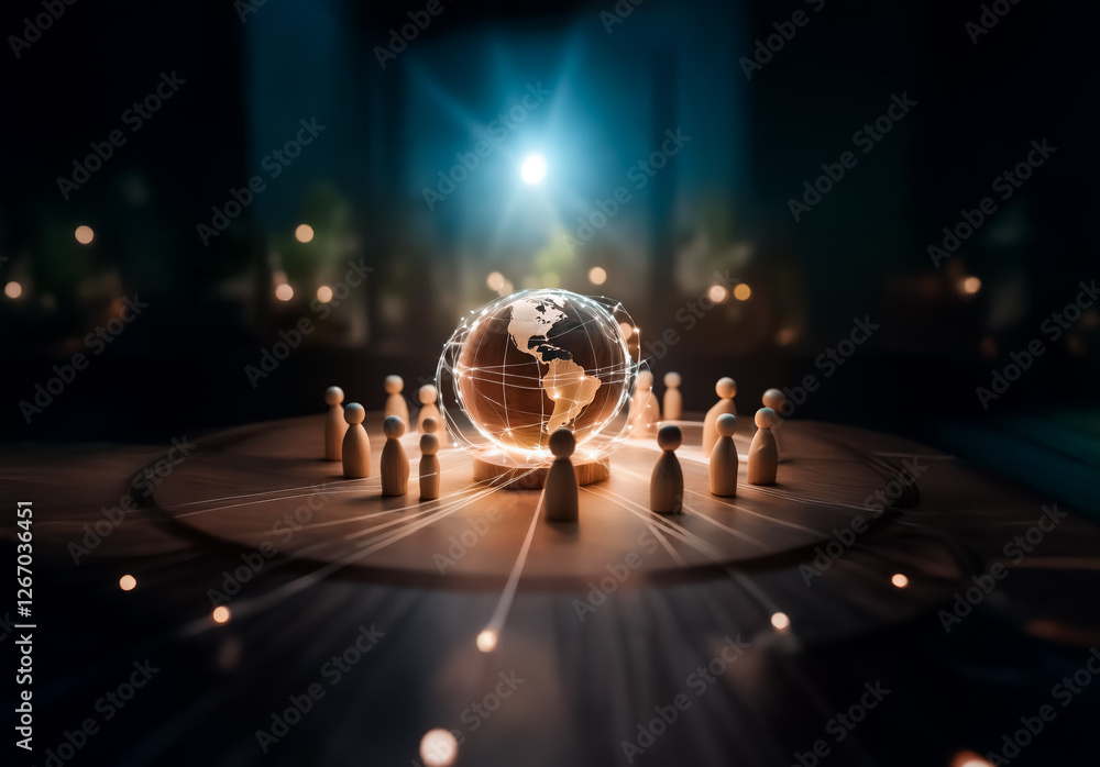 Poster Conceptual image of a glowing globe surrounded by wooden figures in a circle under spotlight. Represents global network and unity.