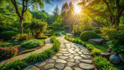 Serene Garden Path at Sunrise A Winding Stone Walkway Through Lush Greenery and Sunlit Foliage, Creating a Picturesque Landscape