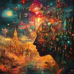 Obraz premium Creative portrayal of a cityscape within a human silhouette with vibrant colors at night. Generative AI