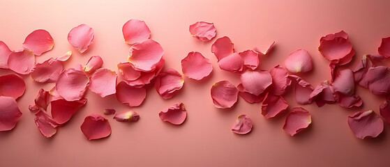 Pink rose petals scattered on pink. Romantic background