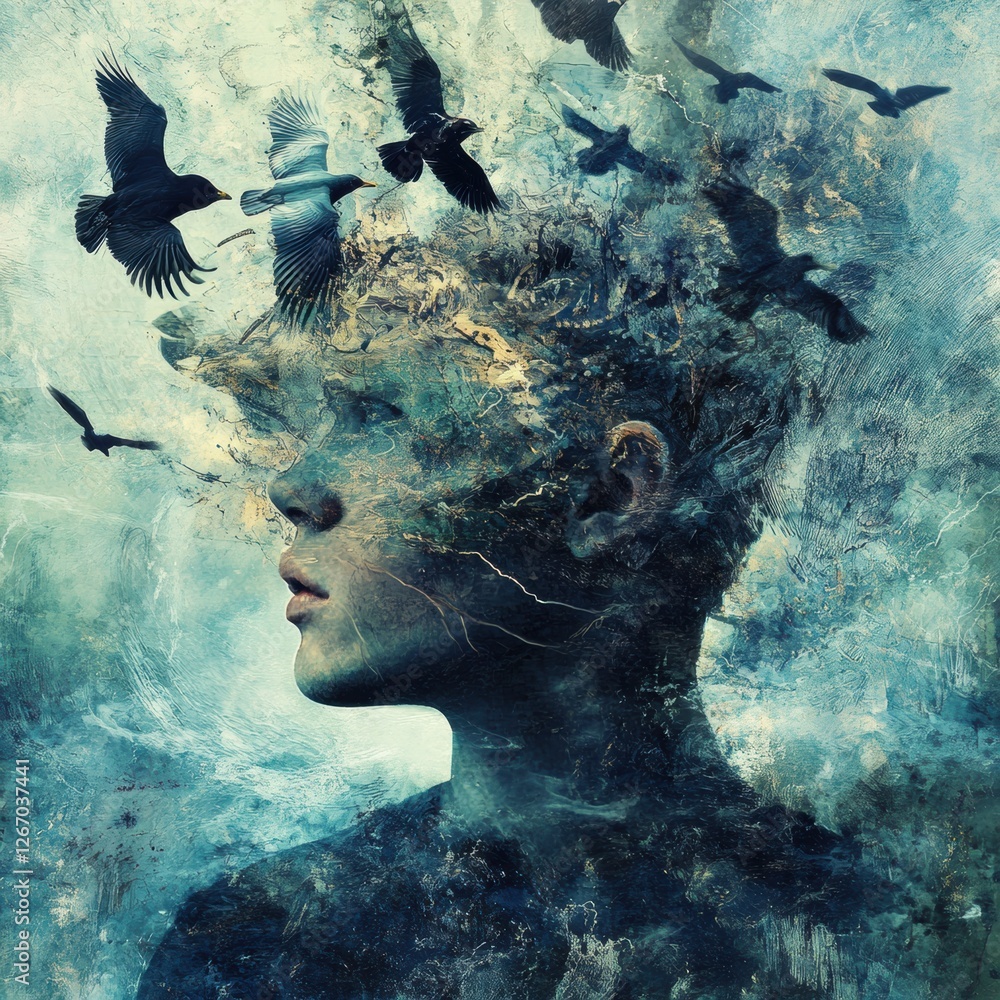 Poster mindscape of a child with flowing thoughts and birds in a surreal setting during a dreamlike moment.