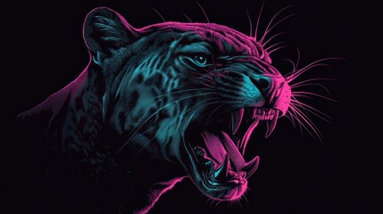 Roaring panther head with digital neon lights for art or animal themes with black background