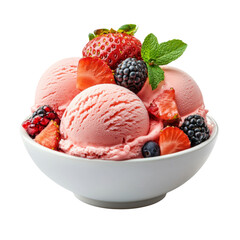 Delicious strawberry ice cream served in white bowl, topped with fresh strawberries, blackberries, and mint leaves, creating refreshing dessert experience