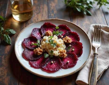 Carpaccio de remolacha con queso, nueces y hierbas frescas, servido en plato r&uacute;stico con copa de vino.
