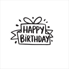 Obraz premium Happy Birthday Gift Box: A cheerful hand-drawn illustration of a gift box with a ribbon and the words 