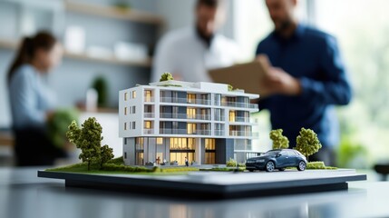 Model of a house with a parked car and architects collaborating on sustainable design project