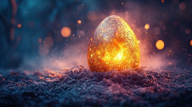 Golden egg illuminated in a mystical setting, with vibrant colors and soft fog creating an ethereal atmosphere during twilight, ideal for magical, fantasy, or creative conceptual imagery.