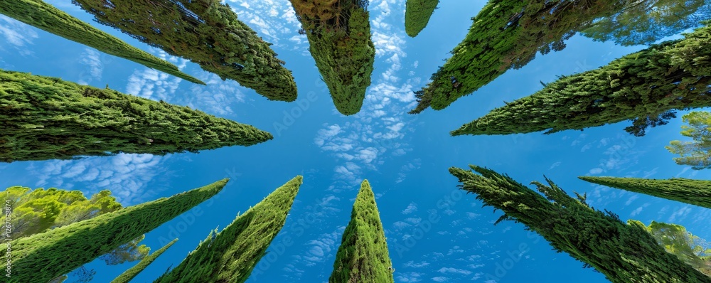 Poster a row of trees with a blue sky in the background